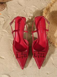 On feet& in love 女士时尚优雅方形装饰后系带尖头露跟高跟鞋，适合搭配连衣裙，优雅尖头设计 - 紅色 - 查看 5