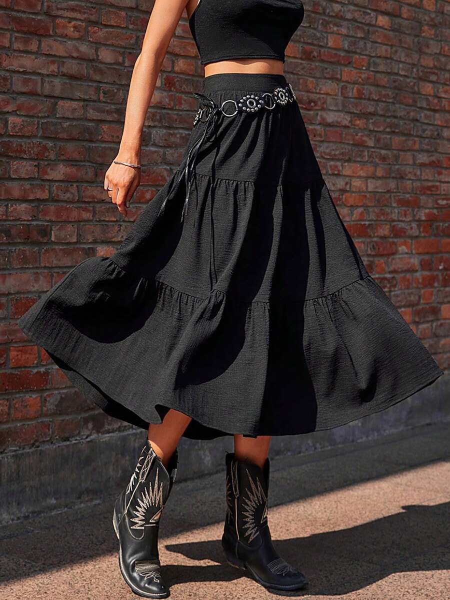 Women's Black Layered Ruffle Hem Skirt - Black - View 1