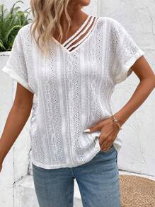 INAWLY Women's Short Sleeve Asymmetric Neckline Hollow Out Embroidered Solid Color T-Shirt