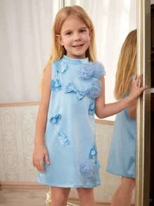SHEIN Vestido de niña estilo princesa color azul agua salada con cuello alto y flores en 3D en mangas cortas, un vestido de niña a la moda y versátil para primavera, verano y otoño - Azul - Ver 3