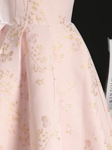 SHEIN 少女婚礼季节公主裙，圆领，花朵图案，不对称薄纱下摆，适合生日派对、宴会和婚礼 - 粉色 - 查看 6