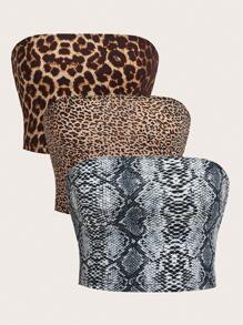 SHEIN EZwear Top bandeau a stampa animale 3 pezzi o più, stile casual da strada per l'estate - Castano - Visualizzare 1