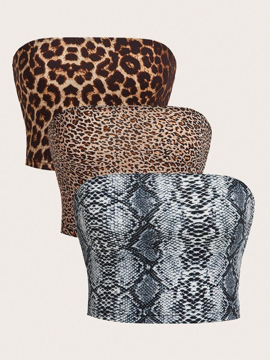 SHEIN EZwear Top bandeau a stampa animale 3 pezzi o più, stile casual da strada per l'estate - Castano - Visualizzare 1
