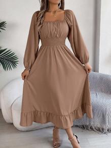 Actual Photo Spring/Summer Elegant Square Neckline Gathered Waist Ruffle Hem Dress - Khaki - View 5