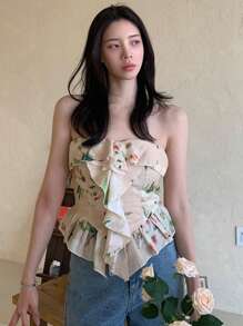 DAZY Top tubo elegante sin tirantes con volantes y estampado floral para mujer, conjunto de ropa de verano para crucero, blusas bohemias, tops cortos, blusas de salida para mujeres