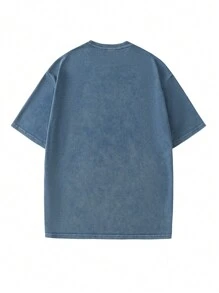 Hemo 男士休闲落肩圆领T恤，趣味字母印花，夏季款 - 藍色 - 查看 2