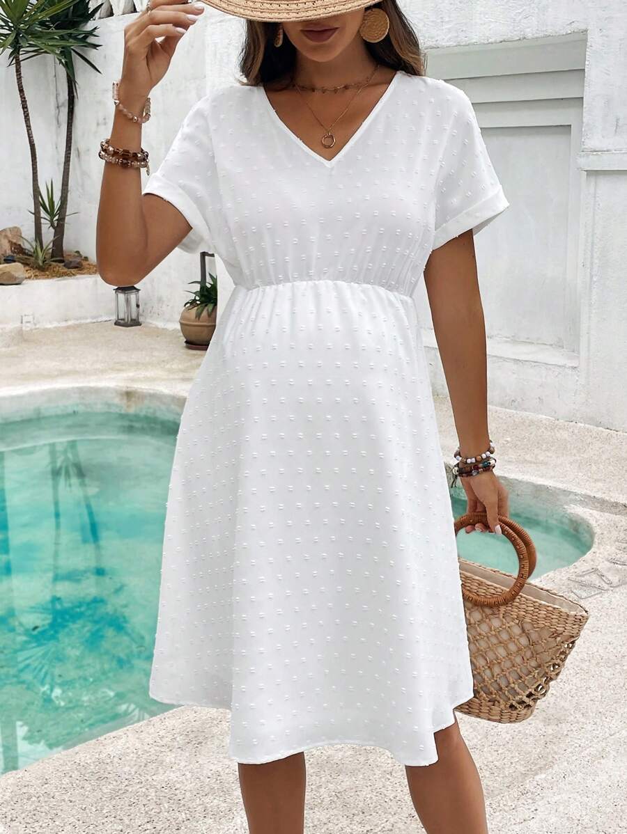 SHEIN Pregnant Women Solid Color Simple Casual Short Sleeve Dress For Maternity