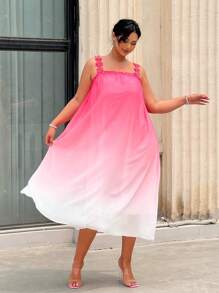 SHEIN Clasi Vestido tipo camisola sin mangas en tallas grandes con dulce degradado y encaje en los bordes, con correas anchas, para verano - Rosa - Ver 5
