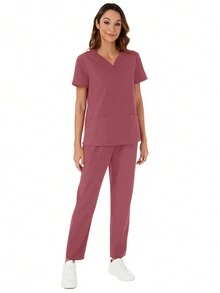 V-Neck Pocket Short Sleeve Top And Pocket Pants Scrub Uniform Set - Coral Pink - View 9