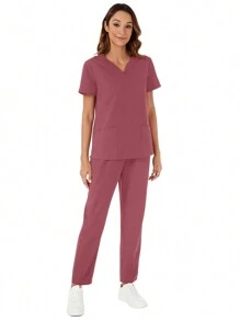 V-Neck Pocket Short Sleeve Top And Pocket Pants Scrub Uniform Set