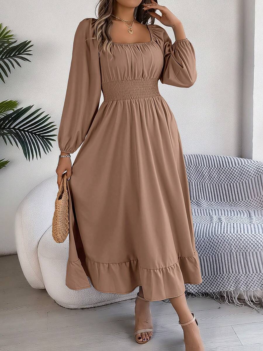 Actual Photo Spring/Summer Elegant Square Neckline Gathered Waist Ruffle Hem Dress - Khaki - View 1