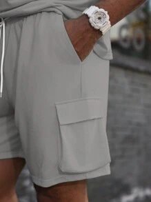 Manfinity Homme Men's Plus Size Summer Solid Color Round Neck Short Sleeve Casual T-Shirt And Drawstring Waist Shorts Set - Grey - View 5