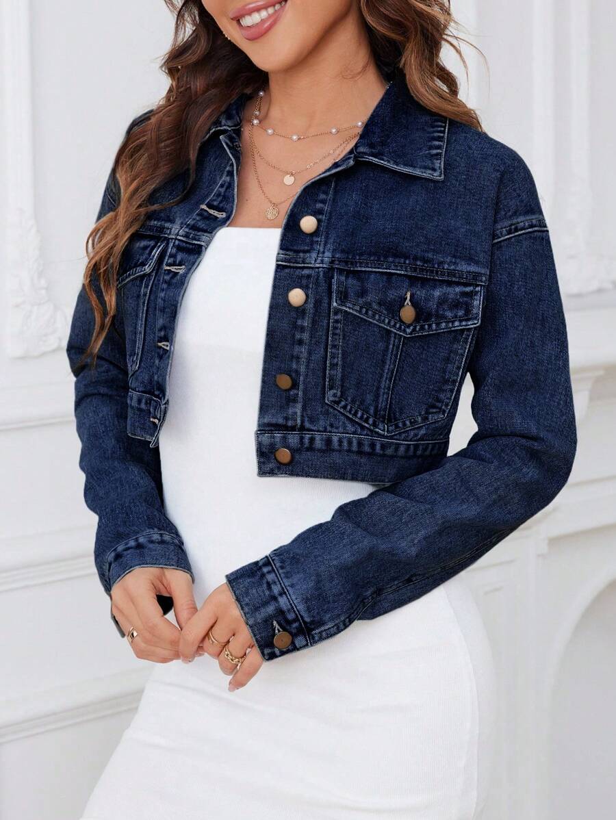 SHEIN ICON Women's Fashionable Casual Denim Jacket With Buttoned Front, Flap Pockets, Short Length - Dark Wash - View 1