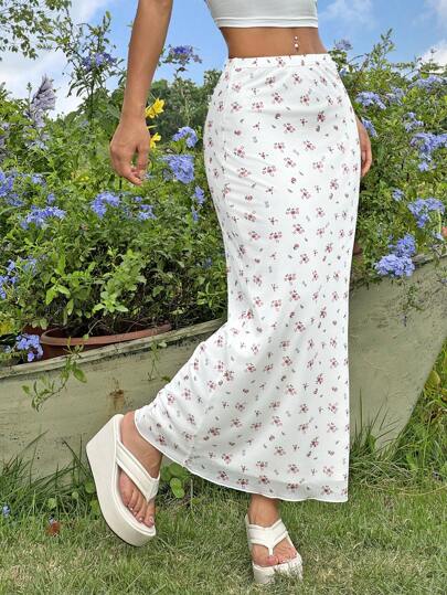 SHEIN EZwear Summer Casual Vacation Mesh Printed Floral Pattern Bodycon Midi Skirt