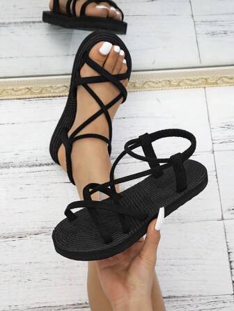 Women's Fashionable Black Summer Shoes, Woven-Style Flat Sandals, Casual Beach Slippers, Rattan-Like Sole