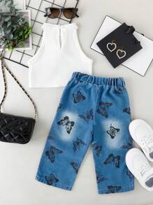Baby Girl Street Style Printed Denim Pants Set, Summer - White - View 2