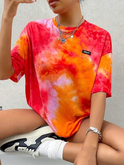 SHEIN EZwear Ladies' Summer Loose-Fit Casual T-Shirt With Round Neck, Drop Shoulder Sleeves, Alphabet Pattern, And Tie-Dye Print