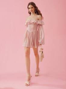 Enchnt Đầm trễ vai màu trơn lưng cao xếp li ô viền váy tay loe mùa hè - trắng - Xem 3