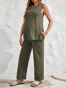 SHEIN Maternity Elegant Commuter Round Neck Sleeveless Side Slit Vest With Adjustable Elastic Waist Straight-Leg Jumpsuit Two-Piece Set