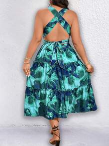 SHEIN Clasi Robe sexy grande taille avec impression graphique complète, encolure ras-du-cou et ourlet à volants, été - Vert - Voir 2