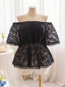 Soleia Top de línea A con textura de encaje negro para mujer de talla grande con tela semitransparente de hombros descubiertos y cintura ajustada con dobladillo de encaje, estilo de vacaciones