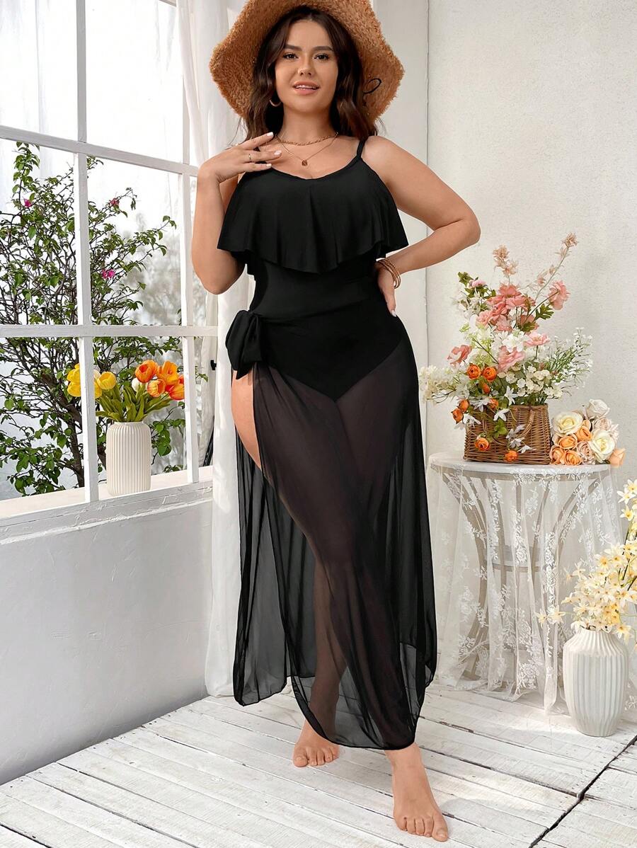 SHEIN Swim Curve Plus Size Women's Fashionable Summer Mesh One-Piece Swimsuit With Ruffled Neckline - Black - View 1