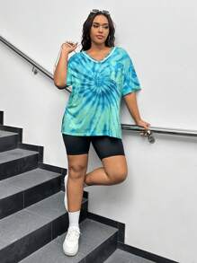 CovetEZ 大尺碼女士色斑印花V領短袖休閒T恤，附口袋，夏季款 - 彩色 - 查看 6