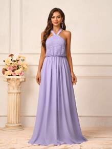 SHEIN Belle Vestido de dama de honor de línea A holgado y sin espalda, elegante y romántico con parches de encaje y chifón de color lila claro con cierre de gancho y ojo al cuello estilo halter - Púrpura malva - Ver 5