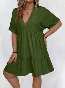 SHEIN LUNE Plus Size Summer Simple Solid Color Ruffled Hem Dress - Army Green - View 5