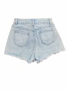 Y2K寬腳邊毛邊休閒短褲，適用於春夏，石洗 - 淺色水洗藍 - 查看 2