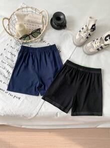 2pcs/Set Baby Boys' Spring/Summer Comfortable Sporty Casual Bottoms, Featuring Fluorescent Green & Navy Blue Patchwork Design