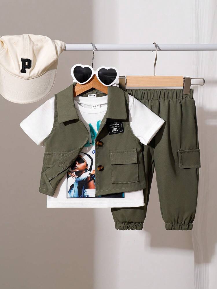 Baby Girl Summer White T-Shirt, Work Vest And Long Pants Three-Piece Set