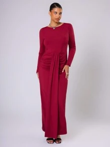 MUSERA Plus Size Slinky Ruched Drape Maxi Dress Outfit For Date Night, Romantic, Classy, Elegant, Occasion Dress, Wedding Guest, Races Flowy, Versitile - Burgundy - View 4