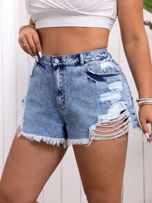 Breezaya Plus Size Summer Casual Distressed Frayed Hem Denim Shorts - Dark Wash - View 4