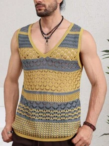 Manfinity RSRT Chaleco de punto sin mangas con cuello en V para hombre con rayas y estampados, ideal para verano - Multicolor - Ver 3