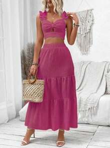 Breezaya Jednokolorowy top bez rękawów z dekoltem w kształcie serca i spódnicą z falbaną na dole, letni, swobodny, dwuczęściowy zestaw - Czerwony - Zobacz 4