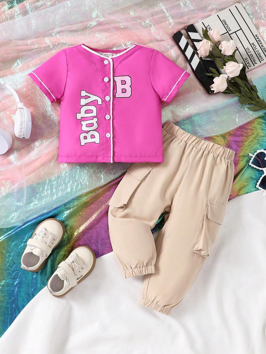SHEIN Baby Girl Simple Printed Short Sleeve Top And Solid Color Long Pants Set - Hot Pink - View 1