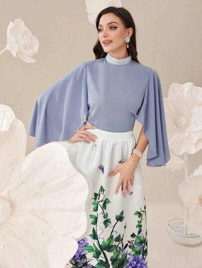 Modelyn 女士純色立領長袖上衣及花卉印花腰帶A字裙套裝，優雅夏季兩件套裝