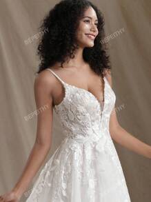 Women's Floral Embroidered Mesh Maxi Elegant Bridesmaid Dress Wedding Bridal Dress