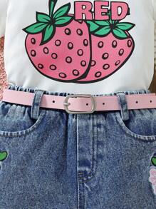 2 peças Conjunto de Camiseta com Estampa de Morango Fofa e Shorts Denim para Meninas Bebê, Verão - Branco - Visão 4