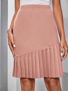 SHEIN Clasi Ladies' Solid Color Simple Everyday Pleated Skirt - Dusty Pink - View 8