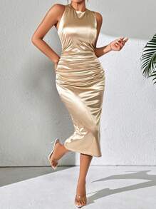 RosyDaze 女士金色露背无袖扭结连衣裙长款缎面女装 - 香檳色 - 查看 5