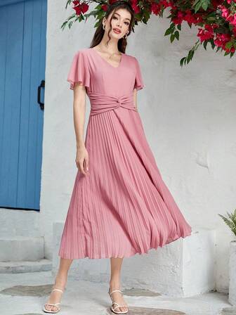 Women's Elegant Solid Color Twist Knot Waist Pleated Hem Summer Dress