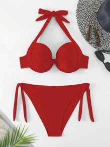 SHEIN Swim Bộ bikini dây buộc cổ màu đỏ trơn dành cho nữ Áo dây màu đỏ & áo bikini có dây buộc bên dưới, dành cho bãi biển mùa hè - Đỏ - Xem 5