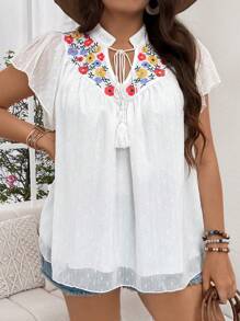 Flirla Plus Size Summer Floral Print V-Neck Blouse With Short Flutter Sleeves - Beige - View 4