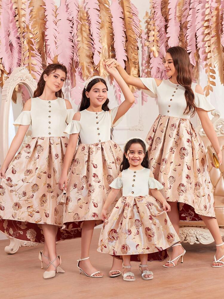 Teenage Girls' White Round Neck Short Sleeve Fluffy Princess Dress, Family Matching Outfits (4 Pieces Sold Separately)