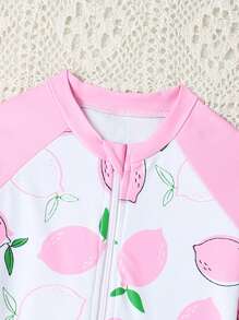SHEIN Baby Girl Printed Zipper Rash Guard Swimsuit With Cap