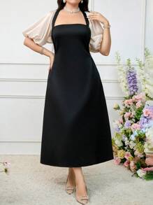 Modelyn 大码女式简约拼色泡泡袖连衣裙，优雅晚会礼服 - 彩色 - 查看 5