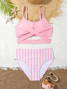 Bộ đồ bơi bikini sọc rỗng của Tween Girl Summer Beach - Hồng - Xem 3