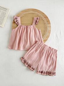 Cozy Pixies Bộ áo crop top cổ vuông in hoa và quần short thường ngày cho bé gái - Màu Hồng baby - Xem 2